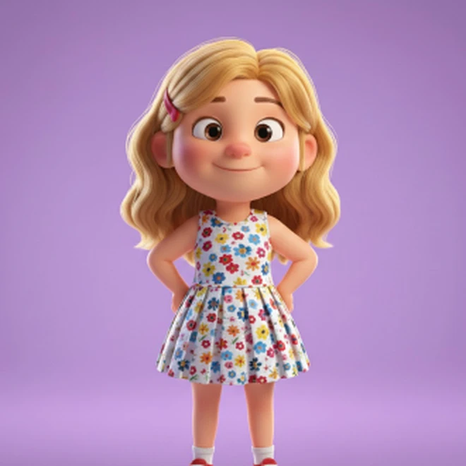 Emma, an illustrated child character in a flowered dress
