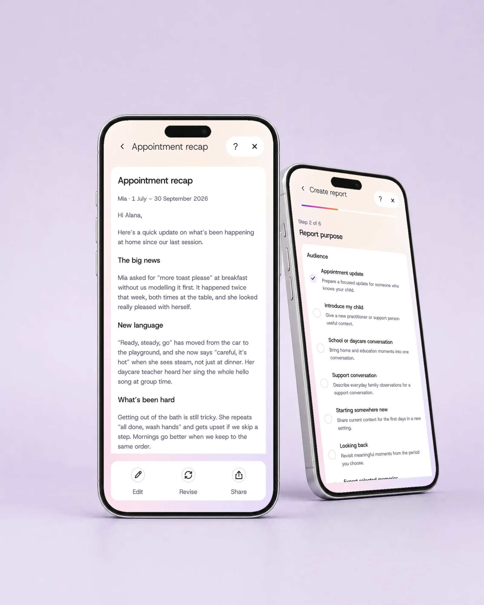 Two phones: a full appointment recap draft to a speech pathologist, and choosing what a report is for