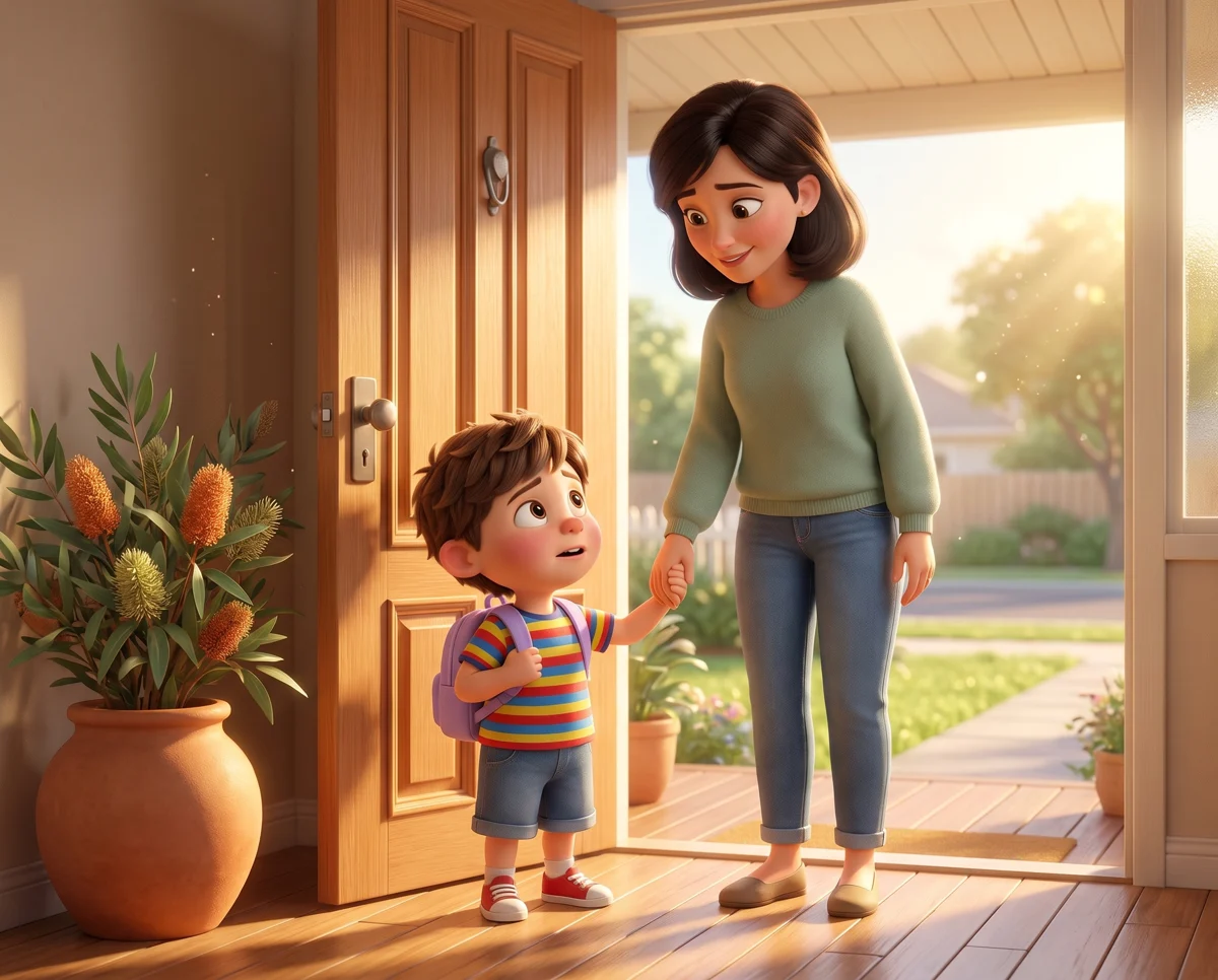 Alex at the front door with his backpack, holding Mum’s hand